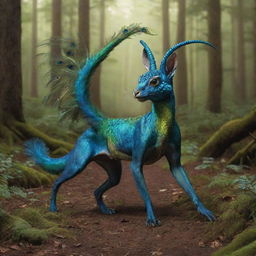 Hybrid creature with a lizard's head, dog's body, peacock's tail, and rabbit's legs romping in a magical forest setting.