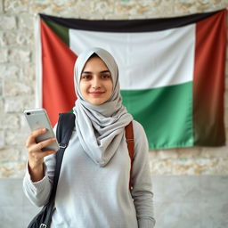 Create an image of a young hijabi woman holding a mobile phone with a Palestinian flag on the wall behind her