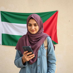 Create an image of a young hijabi woman holding a mobile phone with a Palestinian flag on the wall behind her