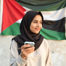 Create an image of a young hijabi woman holding a mobile phone with a Palestinian flag on the wall behind her