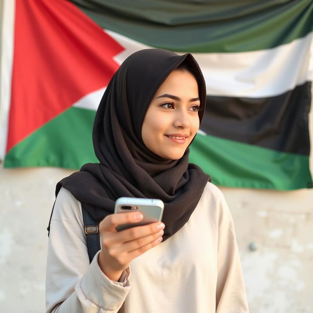 Create an image of a young hijabi woman holding a mobile phone with a Palestinian flag on the wall behind her