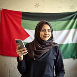 Create an image of a young hijabi woman holding a mobile phone with a Palestinian flag on the wall behind her