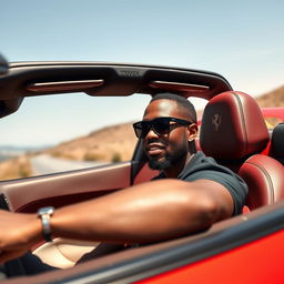 A stylish black man wearing sunglasses driving a red Ferrari convertible