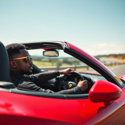 A stylish black man wearing sunglasses driving a red Ferrari convertible