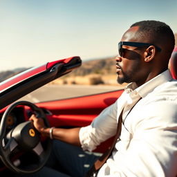 A stylish black man wearing sunglasses driving a red Ferrari convertible