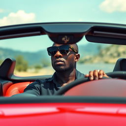 A stylish black man wearing sunglasses driving a red Ferrari convertible