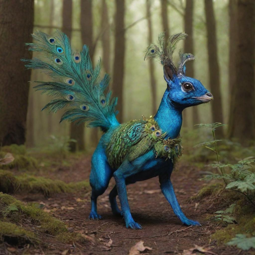 Hybrid creature with a lizard's head, dog's body, peacock's tail, and rabbit's legs romping in a magical forest setting.