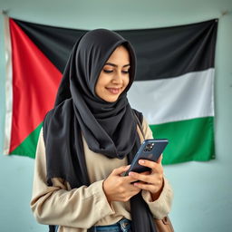 Create an image of a young hijabi woman holding a mobile phone with a Palestine flag on the wall behind her