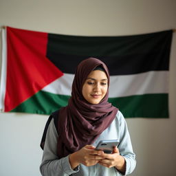 Create an image of a young hijabi woman holding a mobile phone with a Palestine flag on the wall behind her