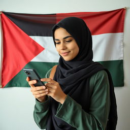 Create an image of a young hijabi woman holding a mobile phone with a Palestine flag on the wall behind her