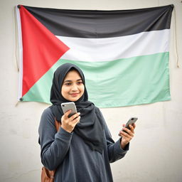 Create an image of a young hijabi woman holding a mobile phone with a Palestine flag on the wall behind her