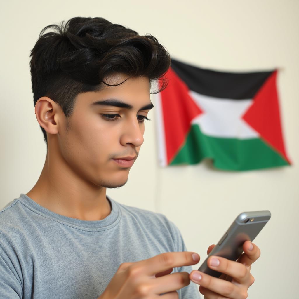 Create an image of a young man holding a mobile phone