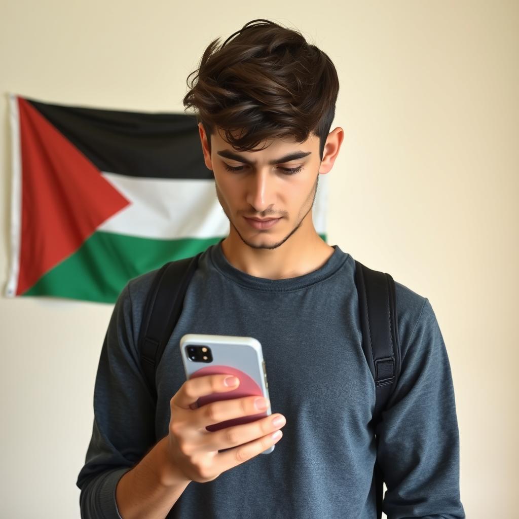 Create an image of a young man holding a mobile phone