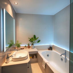 A beautifully decorated bathroom with modern fixtures, elegant tiles, and ambient lighting