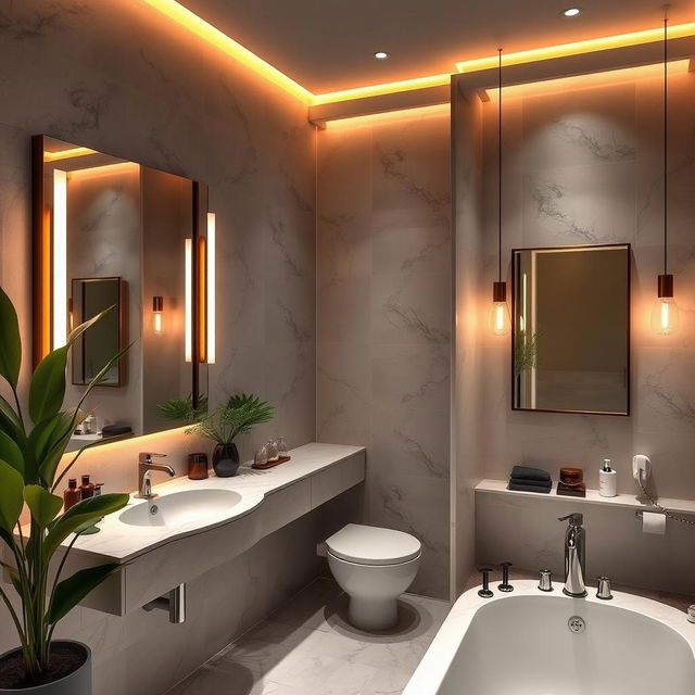 A beautifully decorated bathroom with modern fixtures, elegant tiles, and ambient lighting