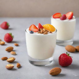 Creamy and delicious yogurt served in a glass with fresh fruits and nuts on top, against a light, neutral background