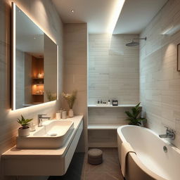 A beautifully decorated bathroom with modern fixtures, elegant tiles, and ambient lighting