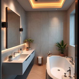 A beautifully decorated bathroom with modern fixtures, elegant tiles, and ambient lighting