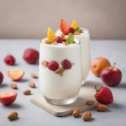 Creamy and delicious yogurt served in a glass with fresh fruits and nuts on top, against a light, neutral background