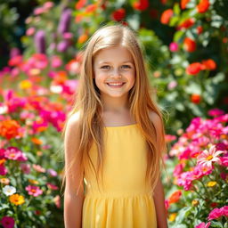 A beautiful 18-year-old girl with a radiant smile, standing in a lush garden filled with vibrant flowers