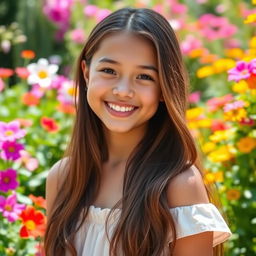 A beautiful 18-year-old girl with a radiant smile, standing in a lush garden filled with vibrant flowers