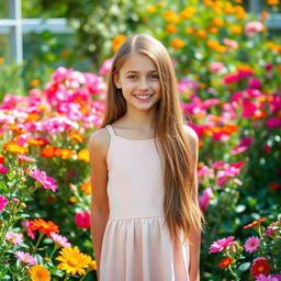 A beautiful 18-year-old girl with a radiant smile, standing in a lush garden filled with vibrant flowers