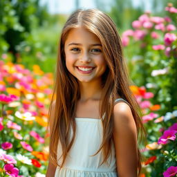 A beautiful 18-year-old girl with a radiant smile, standing in a lush garden filled with vibrant flowers