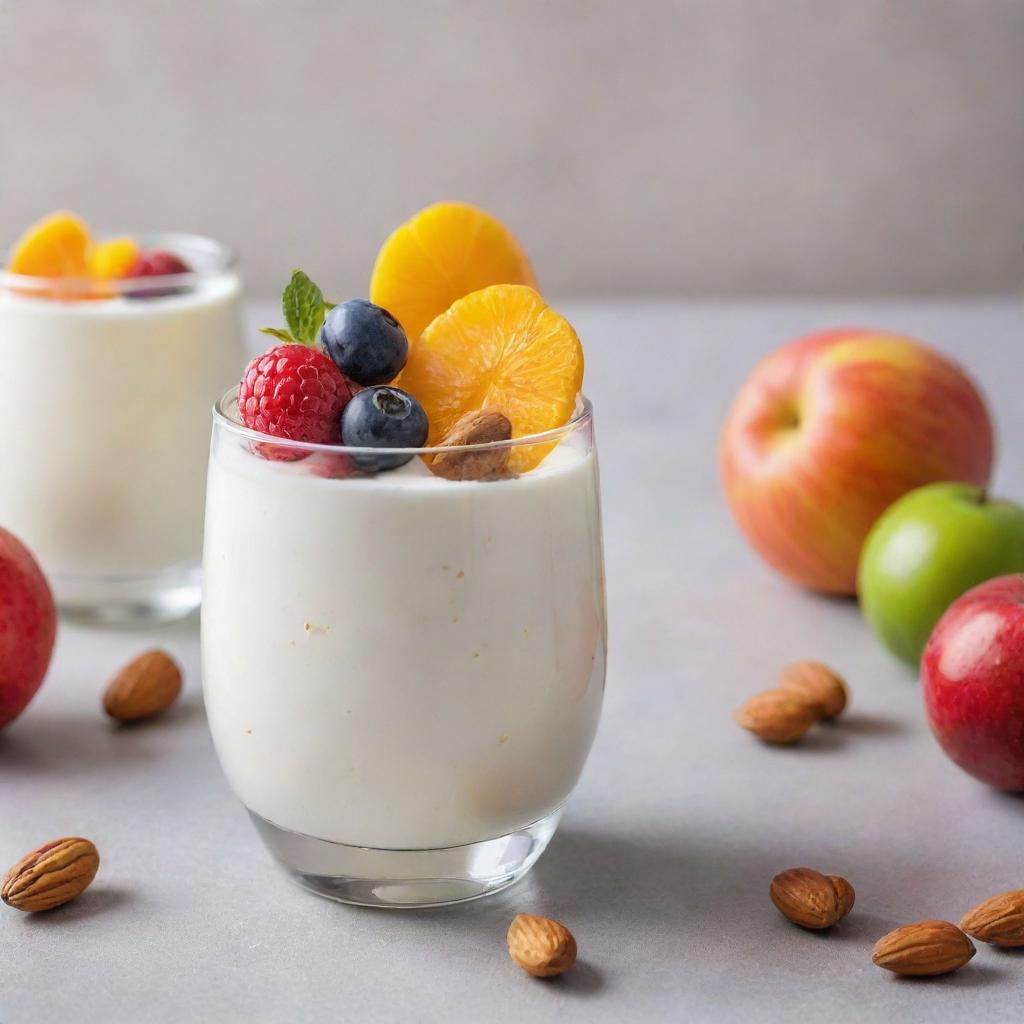 Creamy and delicious yogurt served in a glass with fresh fruits and nuts on top, against a light, neutral background