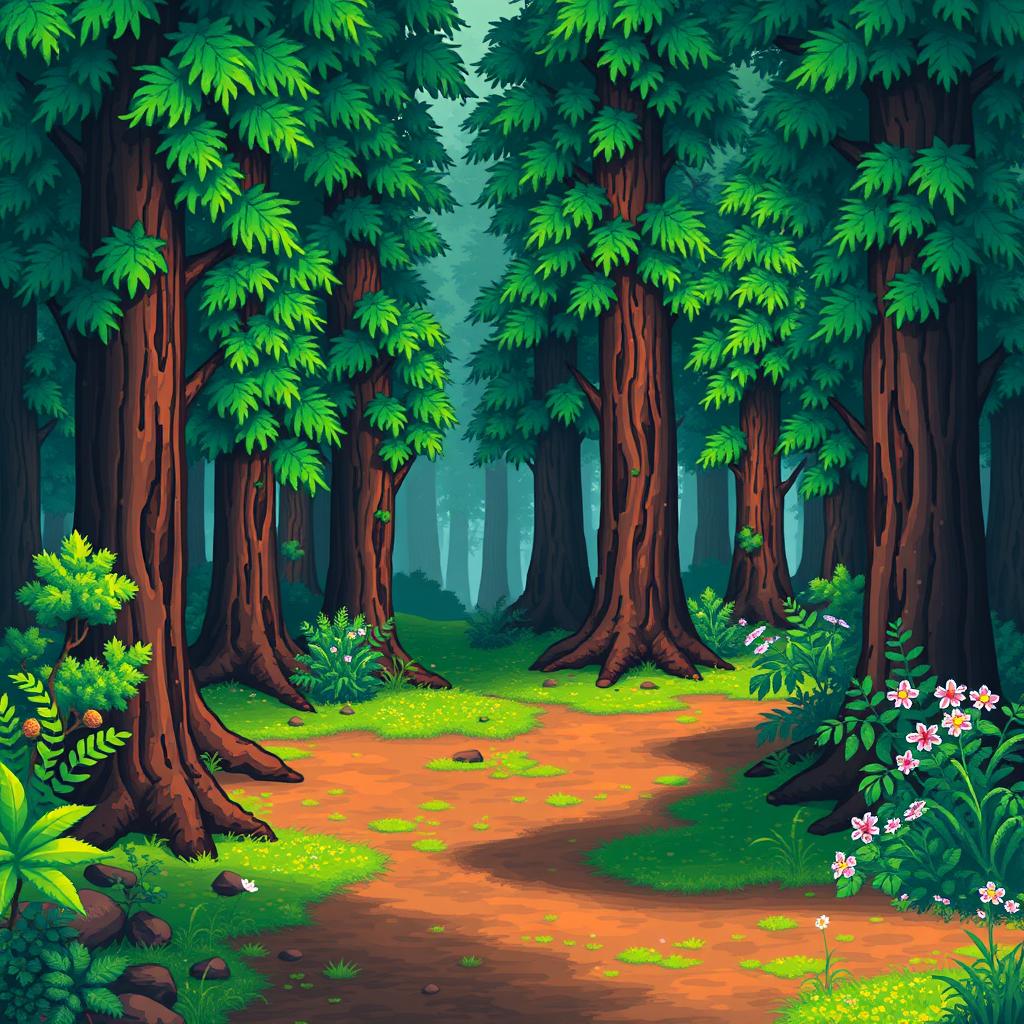 A serene forest scene in the style of Stardew Valley, featuring lush greenery, tall trees, and a peaceful ambiance