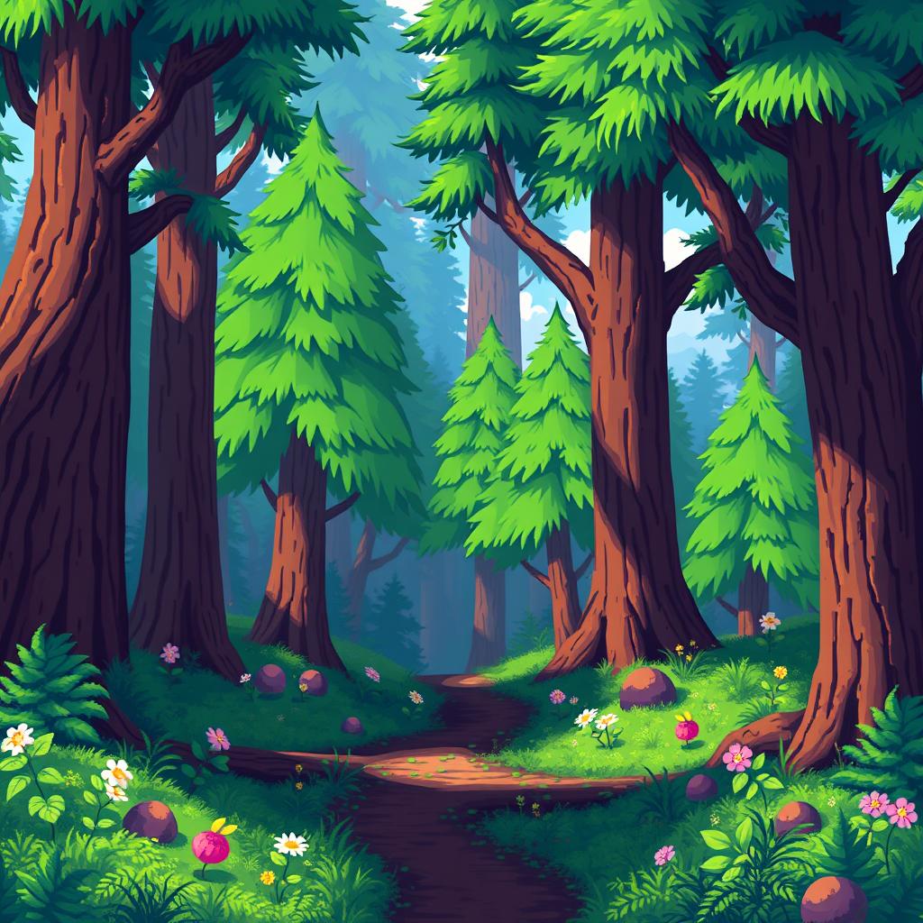 A serene forest scene in the style of Stardew Valley, featuring lush greenery, tall trees, and a peaceful ambiance