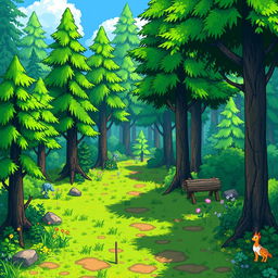 A serene forest scene in the style of Stardew Valley, featuring lush greenery, tall trees, and a peaceful ambiance