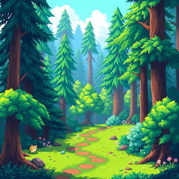 A serene forest scene in the style of Stardew Valley, featuring lush greenery, tall trees, and a peaceful ambiance