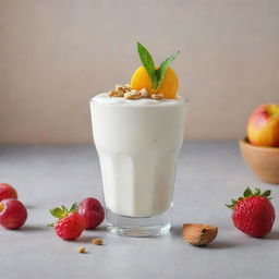 Creamy and delicious yogurt served in a glass with fresh fruits and nuts on top, against a light, neutral background