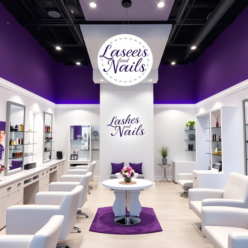 A nail salon with white walls and touches of purple and gray