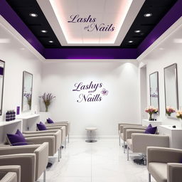 A nail salon with white walls and touches of purple and gray