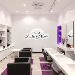 A nail salon with white walls and touches of purple and gray