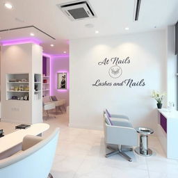 A nail salon with white walls and touches of purple and gray