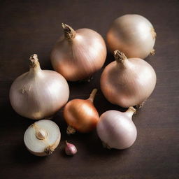 A rustic compilation of fresh onions and garlic cloves on a wooden surface with aged texture, imparting an earthy aroma