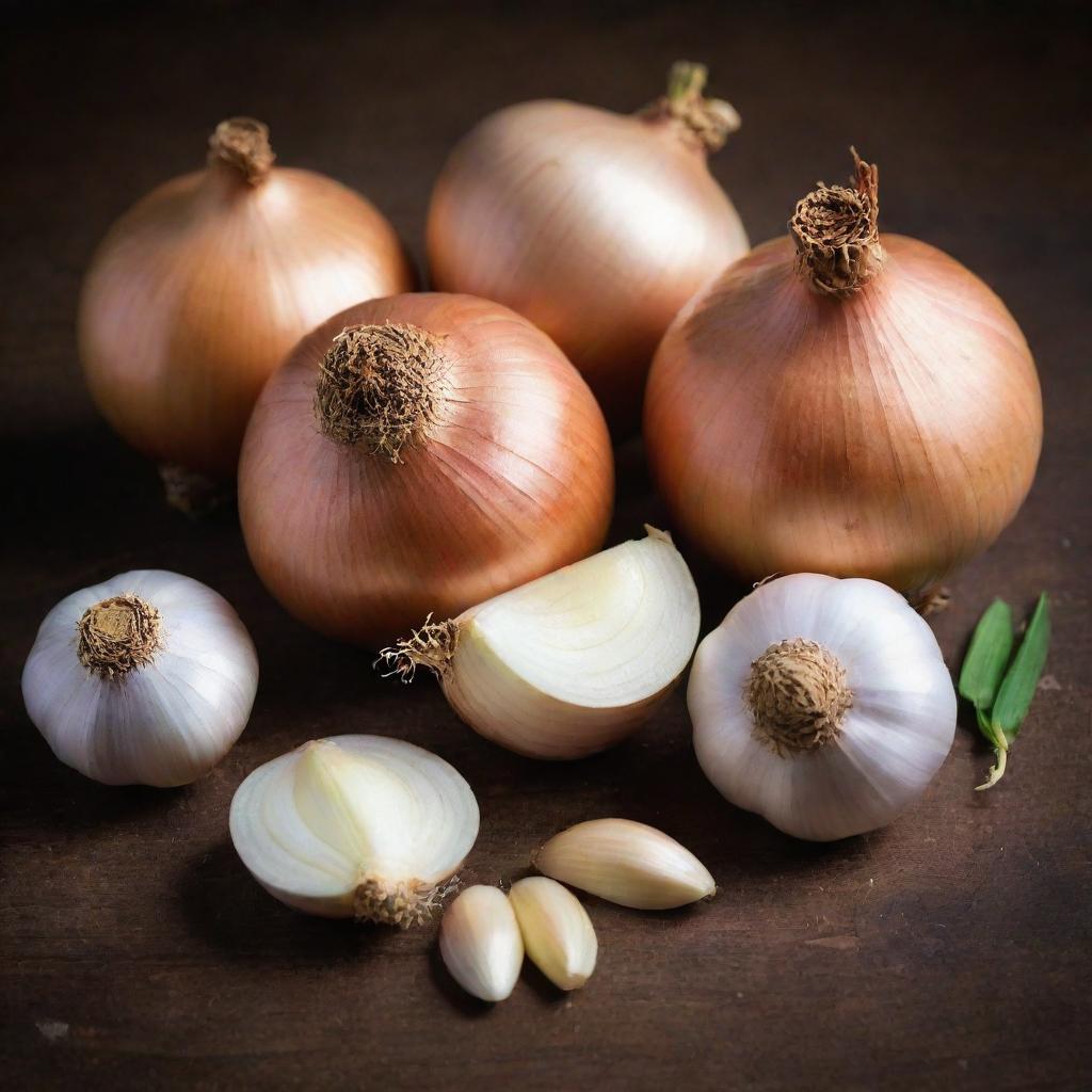 A rustic compilation of fresh onions and garlic cloves on a wooden surface with aged texture, imparting an earthy aroma