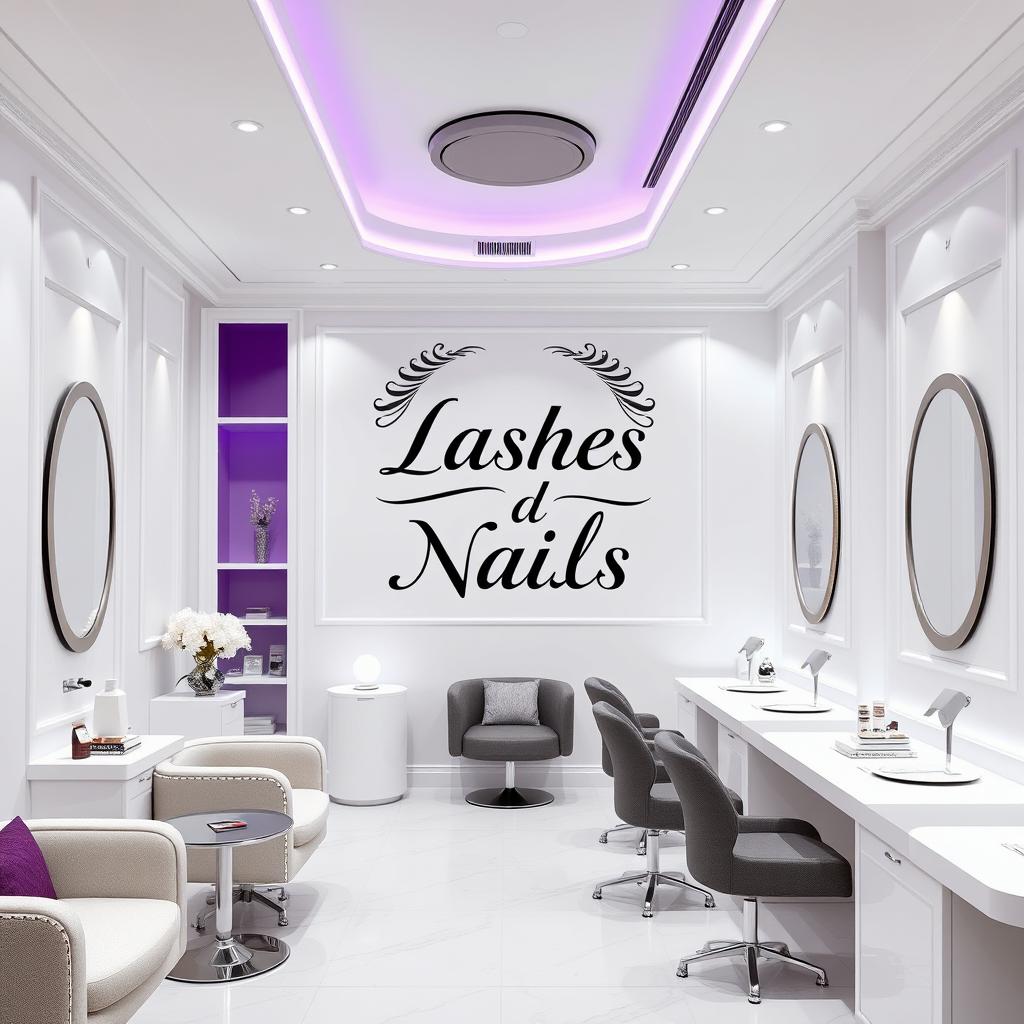 A luxury nail salon with pristine white walls, accented with touches of elegant purple and sophisticated gray