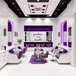 A luxury nail salon with pristine white walls, accented with touches of elegant purple and sophisticated gray