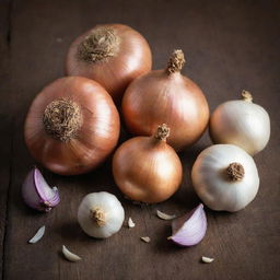 A rustic compilation of fresh onions and garlic cloves on a wooden surface with aged texture, imparting an earthy aroma