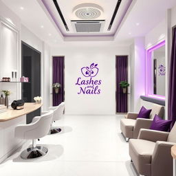 A luxury nail salon with pristine white walls, accented with touches of elegant purple and sophisticated gray