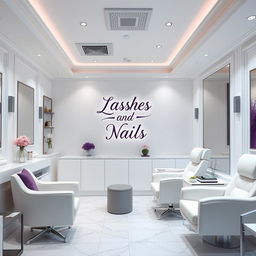 A luxury nail salon with pristine white walls, accented with touches of elegant purple and sophisticated gray