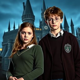 Georgina Sparks and Edmund Pevensie wearing Slytherin uniforms, standing in front of the Hogwarts castle