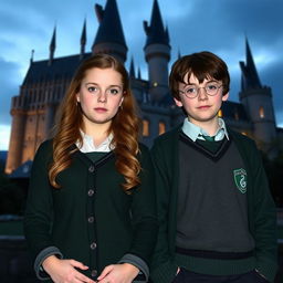 Georgina Sparks and Edmund Pevensie wearing Slytherin uniforms, standing in front of the Hogwarts castle