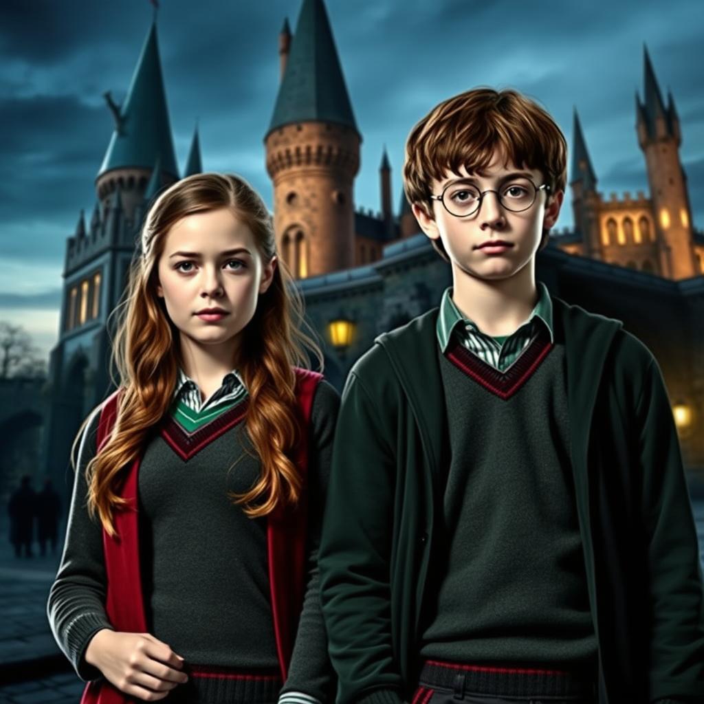 Georgina Sparks and Edmund Pevensie wearing Slytherin uniforms, standing in front of the Hogwarts castle