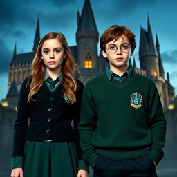 Georgina Sparks and Edmund Pevensie wearing Slytherin uniforms, standing in front of the Hogwarts castle