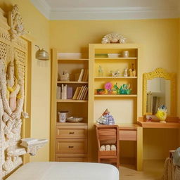 A light yellow room featuring a cosy bed, a study table, a bookshelf, a cupboard, a small sofa, and a beautifully detailed Ganesha fountain.