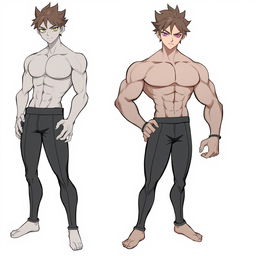 A character with a muscular build and androgynous features, wearing form-fitting clothing